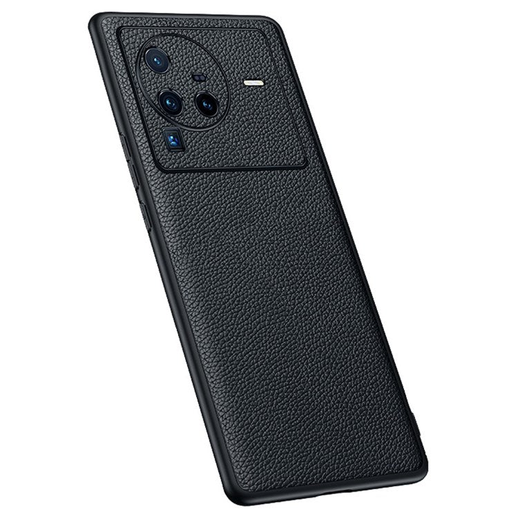 Precise Cutout Litchi Texture Phone Case for vivo X80 Pro, Genuine Cowhide Leather Coated TPU Cover with Lens Protection - Black