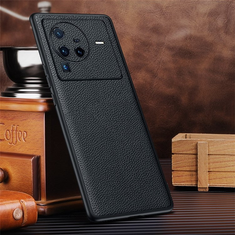 Precise Cutout Litchi Texture Phone Case for vivo X80 Pro, Genuine Cowhide Leather Coated TPU Cover with Lens Protection - Black