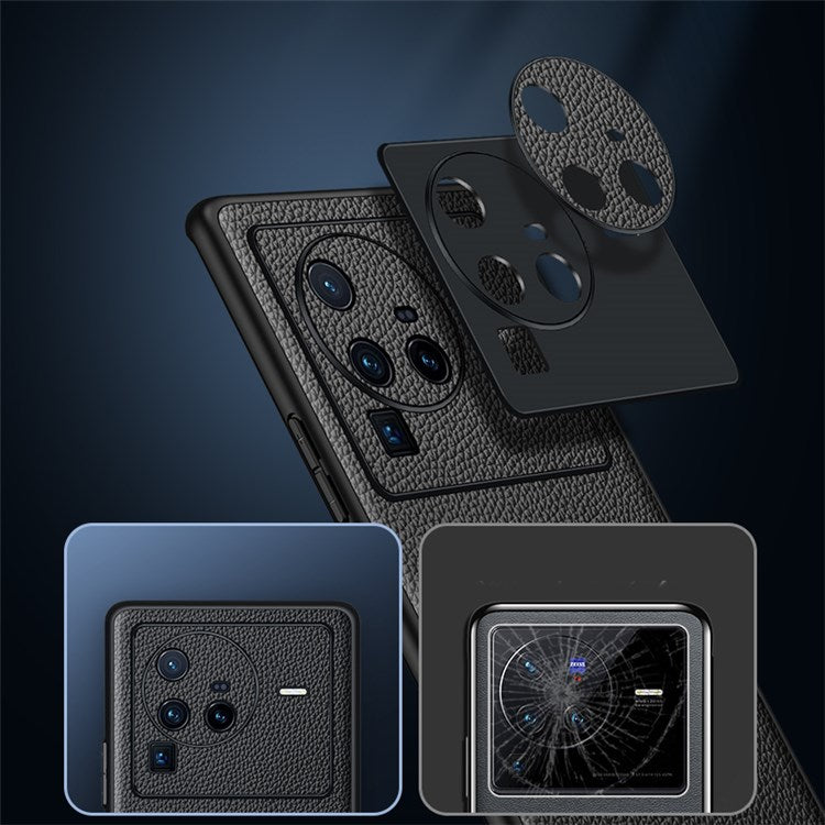 Precise Cutout Litchi Texture Phone Case for vivo X80 Pro, Genuine Cowhide Leather Coated TPU Cover with Lens Protection - Black