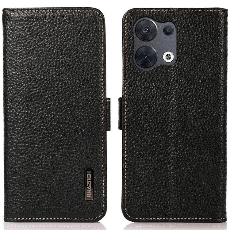 KHAZNEH Genuine Leather Phone Case for Oppo Reno8 5G (Global Version) / Oppo Reno8 5G, Anti-wear Litchi Texture Cell Phone Cover with RFID Blocking and Wallet Stand - Black