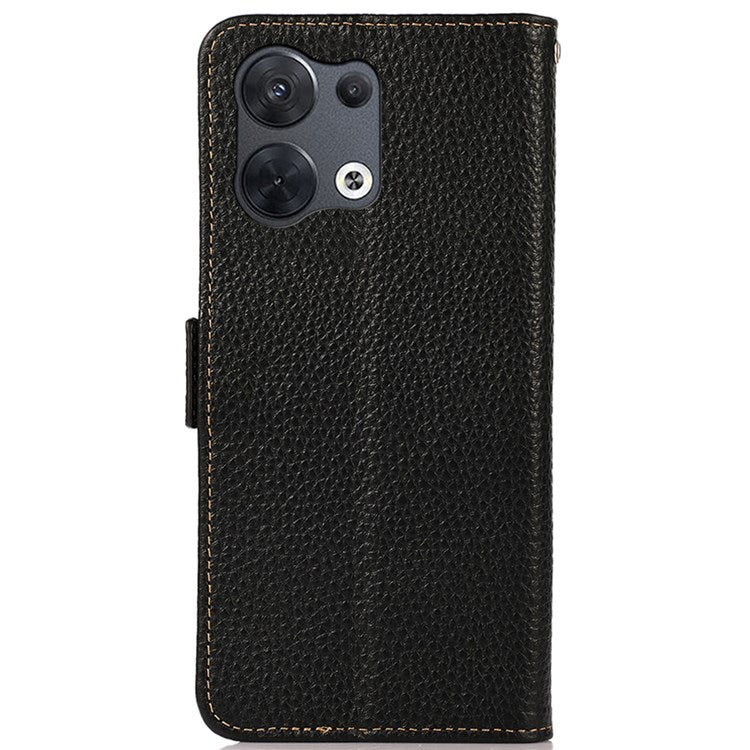 KHAZNEH Genuine Leather Phone Case for Oppo Reno8 5G (Global Version) / Oppo Reno8 5G, Anti-wear Litchi Texture Cell Phone Cover with RFID Blocking and Wallet Stand - Black