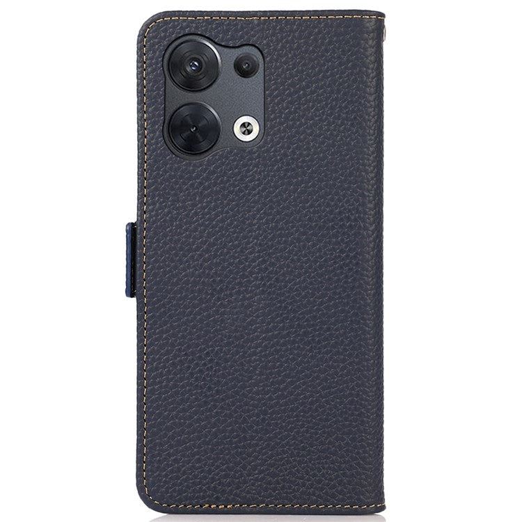 KHAZNEH Genuine Leather Phone Case for Oppo Reno8 5G (Global Version) / Oppo Reno8 5G, Anti-wear Litchi Texture Cell Phone Cover with RFID Blocking and Wallet Stand - Blue