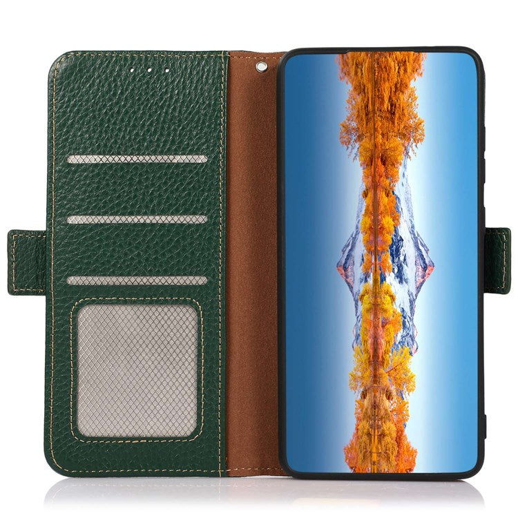 KHAZNEH Genuine Leather Phone Case for Oppo Reno8 5G (Global Version) / Oppo Reno8 5G, Anti-wear Litchi Texture Cell Phone Cover with RFID Blocking and Wallet Stand - Green