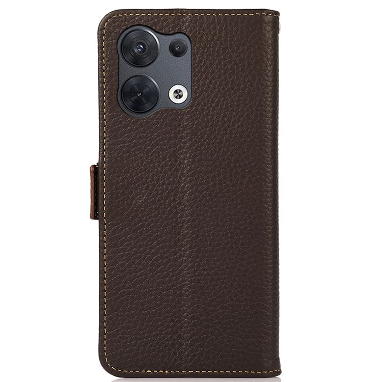 KHAZNEH Genuine Leather Phone Case for Oppo Reno8 5G (Global Version) / Oppo Reno8 5G, Anti-wear Litchi Texture Cell Phone Cover with RFID Blocking and Wallet Stand - Brown