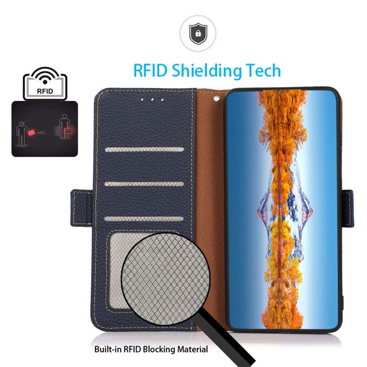 KHAZNEH RFID Blocking Genuine Leather Case for Oppo Reno8 Pro 5G (Global Version) / Reno8 Pro+ (China) 5G, Litchi Texture Stand Wallet Magnetic Clasp Phone Cover - Blue