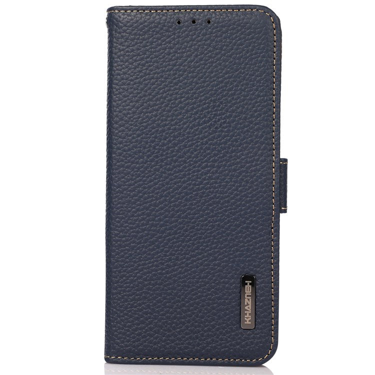 KHAZNEH RFID Blocking Genuine Leather Case for Oppo Reno8 Pro 5G (Global Version) / Reno8 Pro+ (China) 5G, Litchi Texture Stand Wallet Magnetic Clasp Phone Cover - Blue