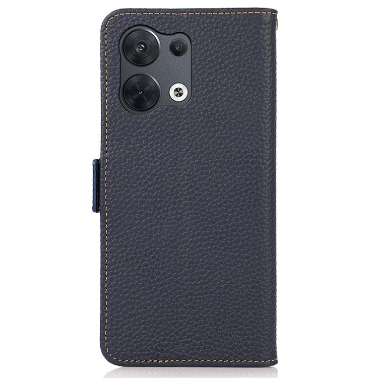 KHAZNEH RFID Blocking Genuine Leather Case for Oppo Reno8 Pro 5G (Global Version) / Reno8 Pro+ (China) 5G, Litchi Texture Stand Wallet Magnetic Clasp Phone Cover - Blue
