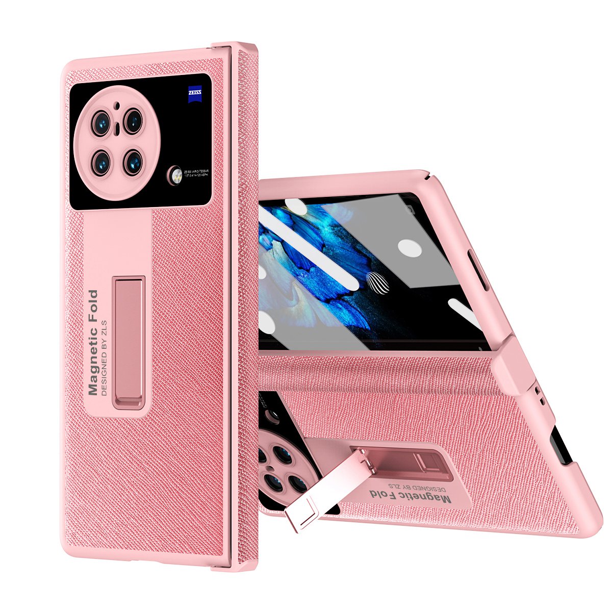 For vivo X Fold Shockproof Phone Case PU Leather + Hard PC Protective Shell Kickstand Case with Stylus - Pink