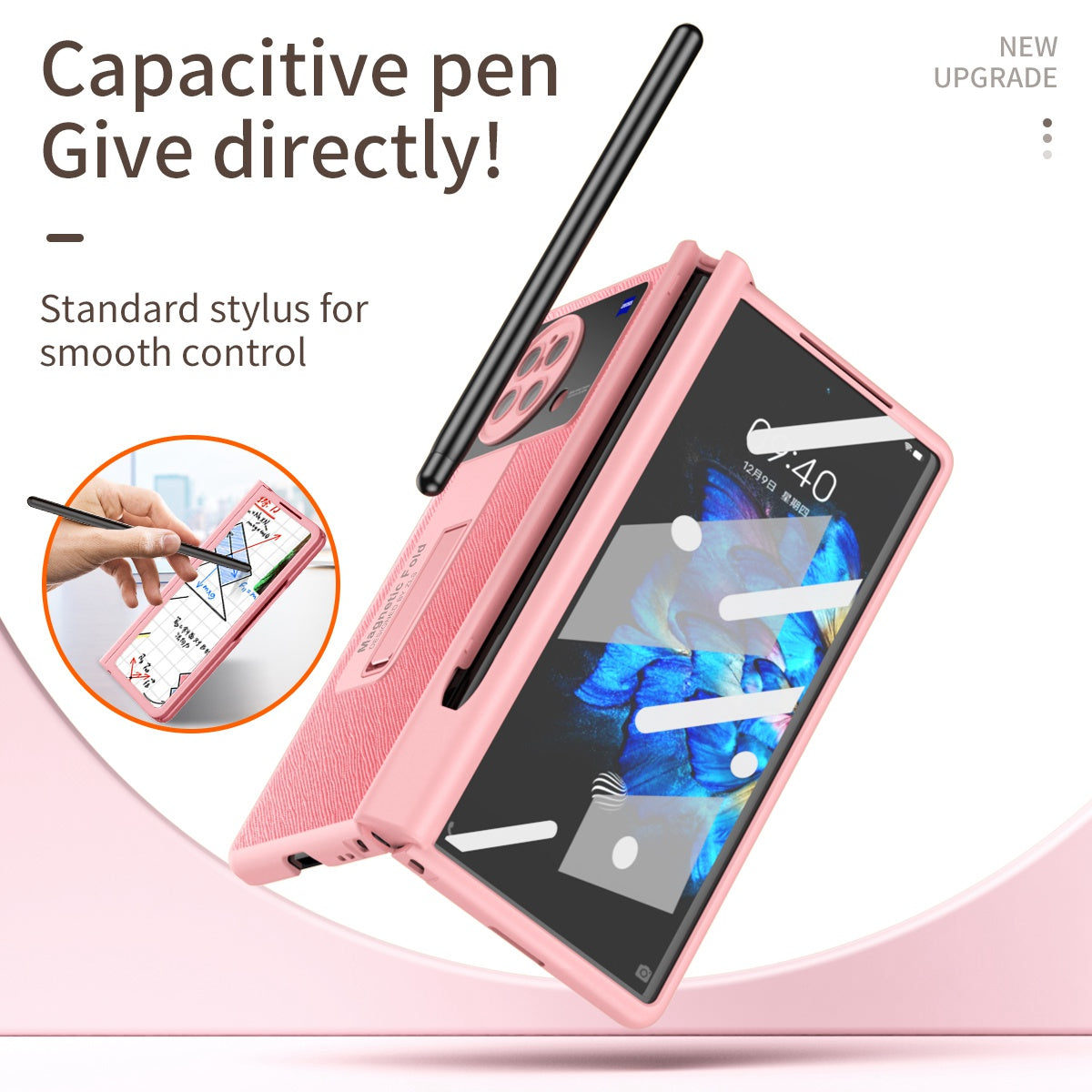 For vivo X Fold Shockproof Phone Case PU Leather + Hard PC Protective Shell Kickstand Case with Stylus - Pink