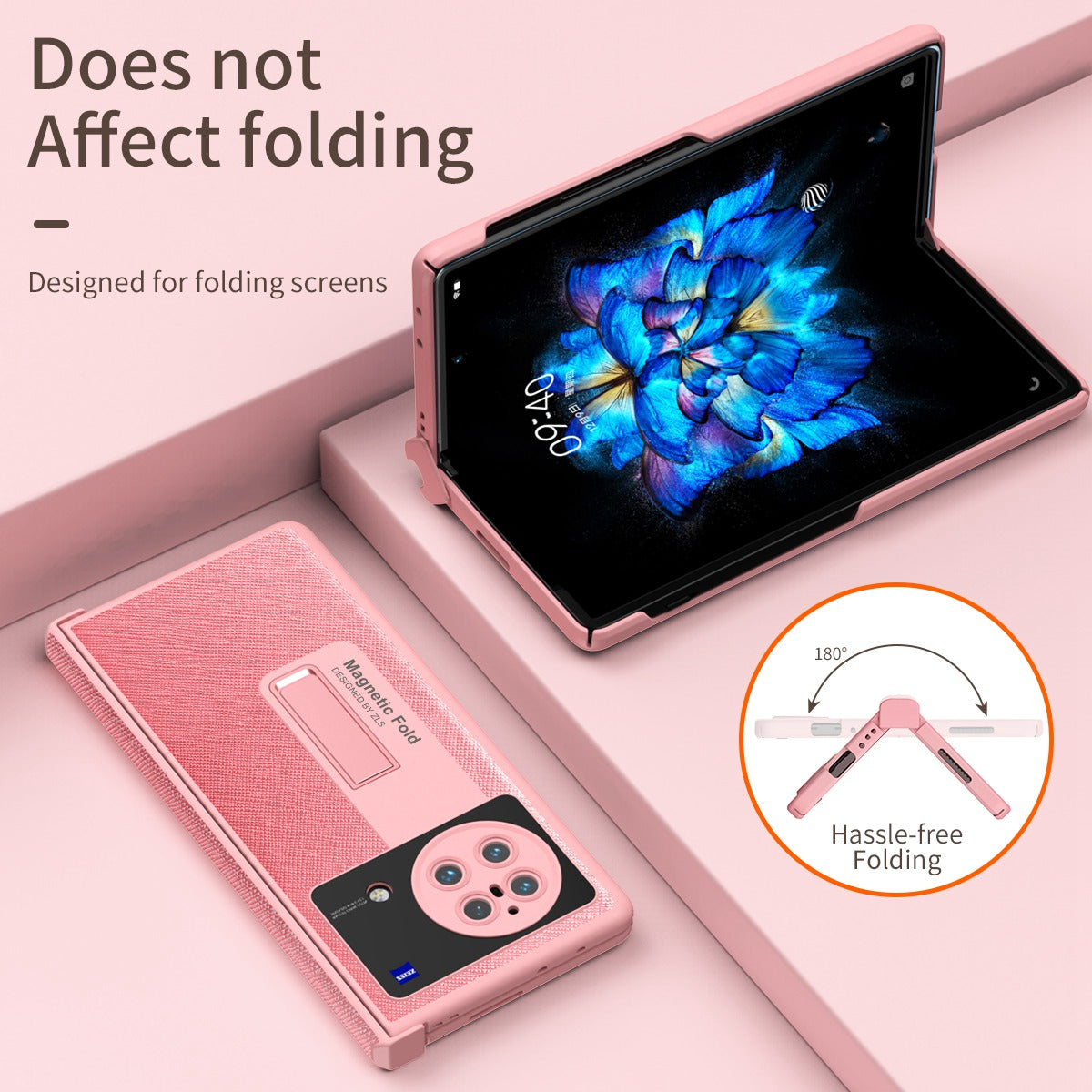 For vivo X Fold Shockproof Phone Case PU Leather + Hard PC Protective Shell Kickstand Case with Stylus - Pink