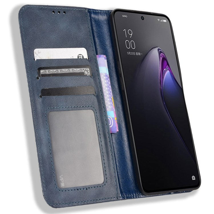 Retro Texture Magnetic Absorption Leather Case for Oppo Reno8 Pro (China) 5G, Viewing Stand Wallet Protective Cover - Blue