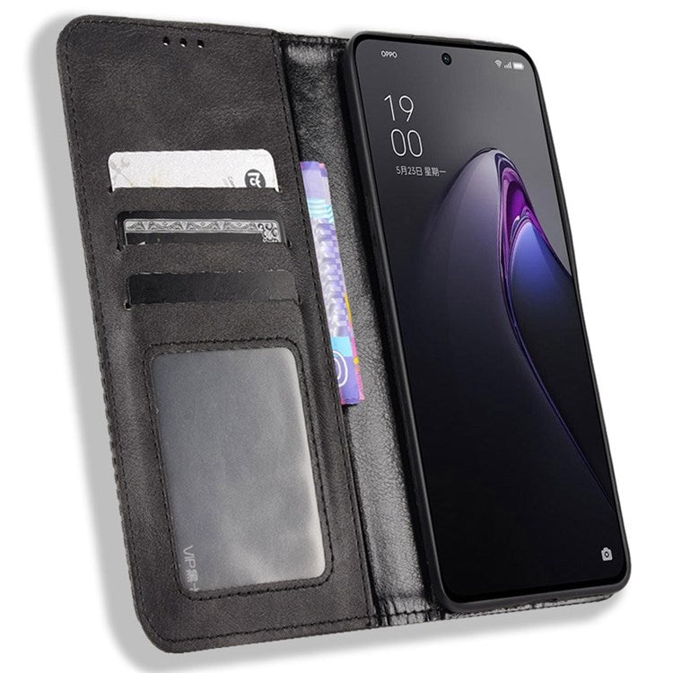 Retro Texture Magnetic Absorption Leather Case for Oppo Reno8 Pro (China) 5G, Viewing Stand Wallet Protective Cover - Black