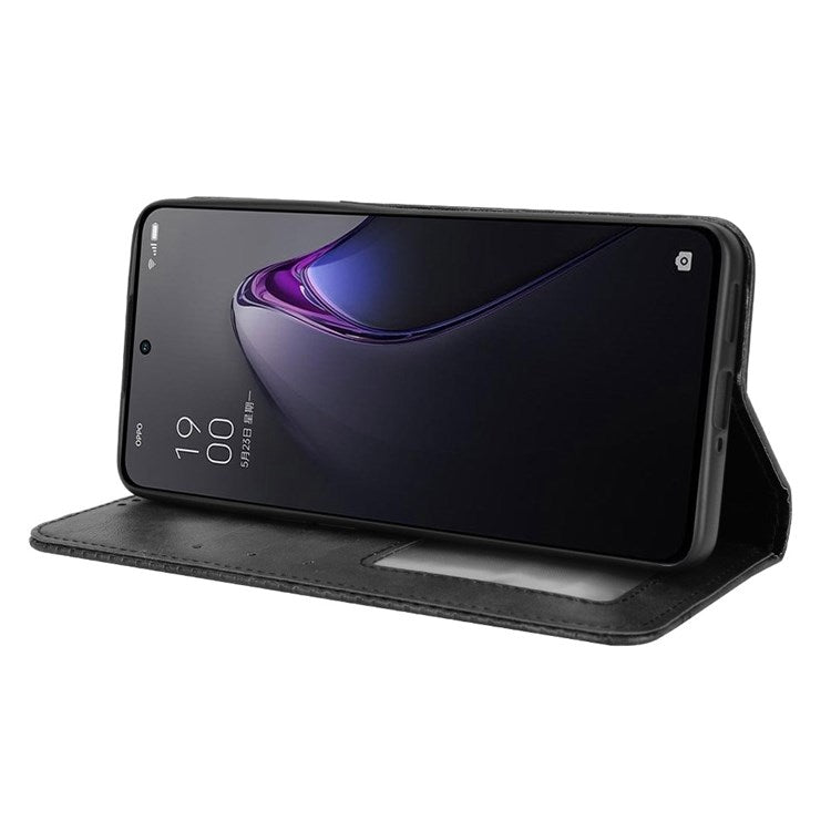 Retro Texture Magnetic Absorption Leather Case for Oppo Reno8 Pro (China) 5G, Viewing Stand Wallet Protective Cover - Black