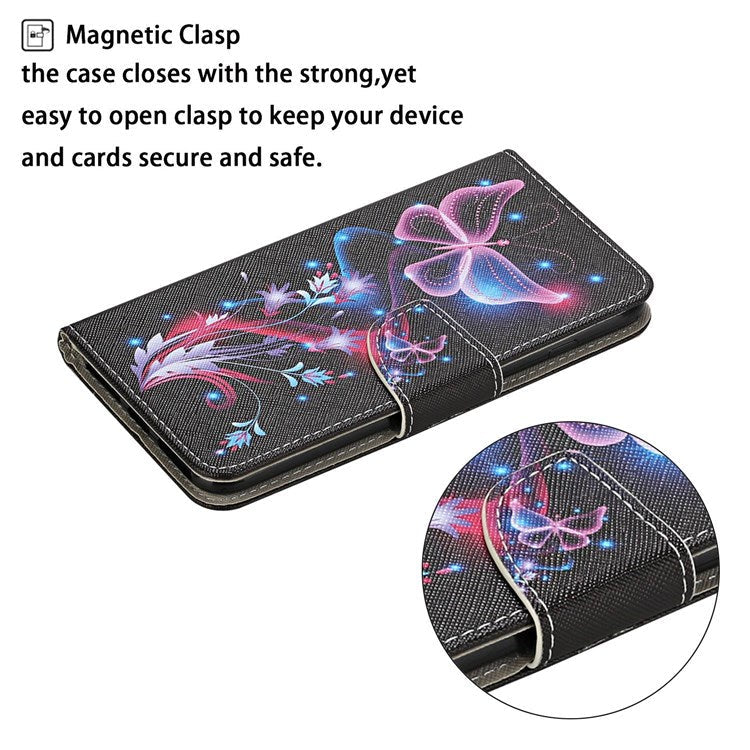 Pattern Printing Cross Texture Phone Case for Oppo A96 4G, PU Leather Wallet Stand Folio Flip Shell with Strap - Fluorescent Butterflies