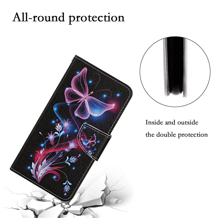Pattern Printing Cross Texture Phone Case for Oppo A96 4G, PU Leather Wallet Stand Folio Flip Shell with Strap - Fluorescent Butterflies