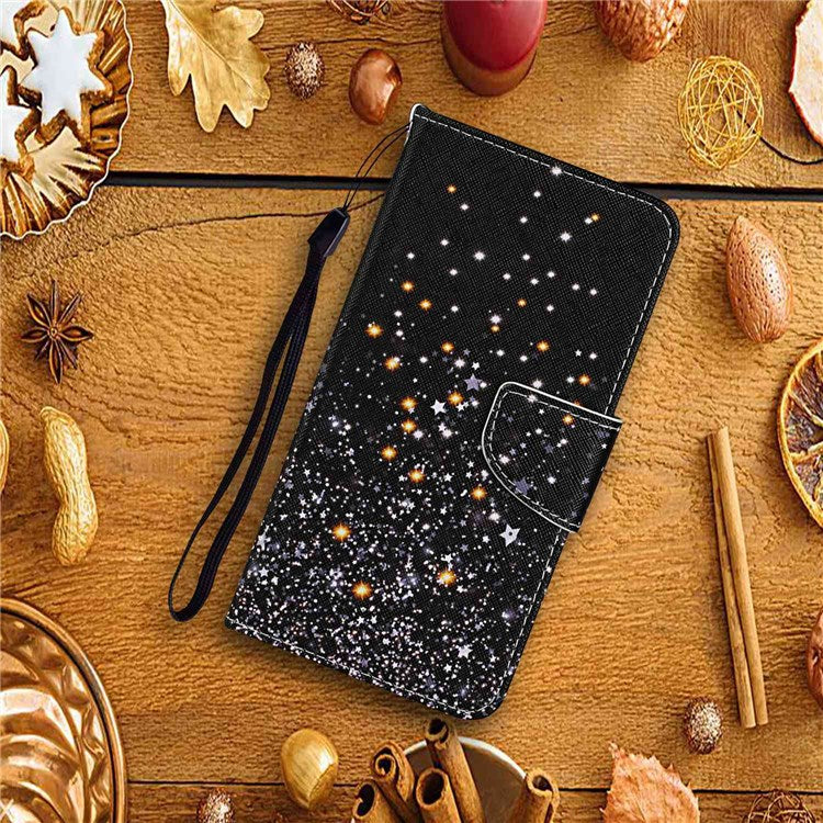 Pattern Printing Cross Texture Phone Case for Oppo A96 4G, PU Leather Wallet Stand Folio Flip Shell with Strap - Shattered Stars