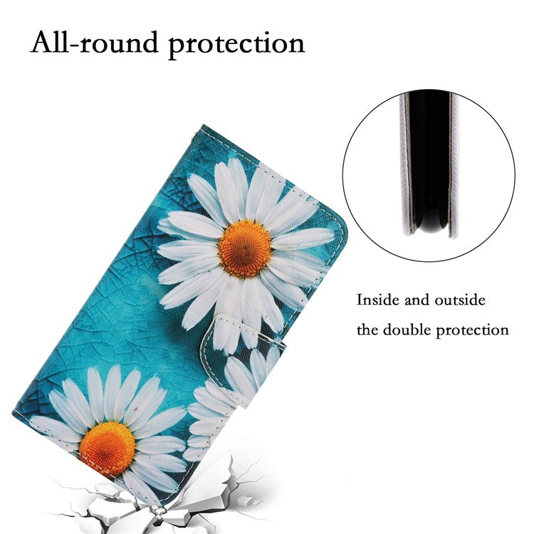 Pattern Printing Cross Texture Phone Case for Oppo A96 4G, PU Leather Wallet Stand Folio Flip Shell with Strap - Chrysanthemum