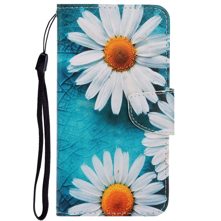 Pattern Printing Cross Texture Phone Case for Oppo A96 4G, PU Leather Wallet Stand Folio Flip Shell with Strap - Chrysanthemum