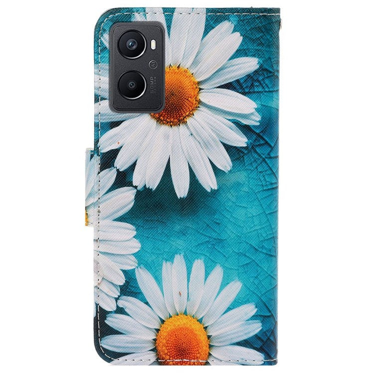 Pattern Printing Cross Texture Phone Case for Oppo A96 4G, PU Leather Wallet Stand Folio Flip Shell with Strap - Chrysanthemum