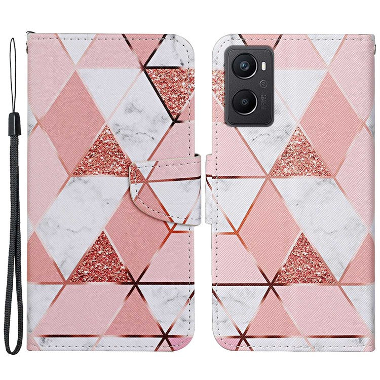 Pattern Printing Cross Texture Phone Case for Oppo A96 4G, PU Leather Wallet Stand Folio Flip Shell with Strap - Marble Pattern