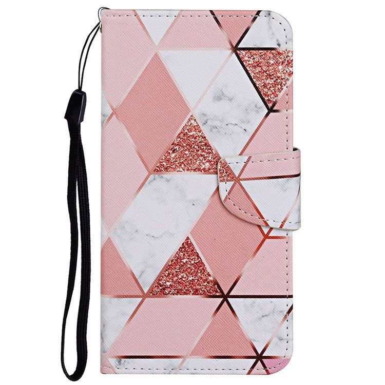 Pattern Printing Cross Texture Phone Case for Oppo A96 4G, PU Leather Wallet Stand Folio Flip Shell with Strap - Marble Pattern