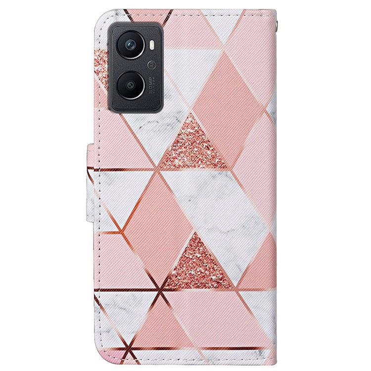 Pattern Printing Cross Texture Phone Case for Oppo A96 4G, PU Leather Wallet Stand Folio Flip Shell with Strap - Marble Pattern