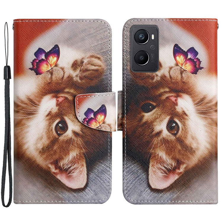 Pattern Printing Cross Texture Phone Case for Oppo A96 4G, PU Leather Wallet Stand Folio Flip Shell with Strap - Butterfly / Cat