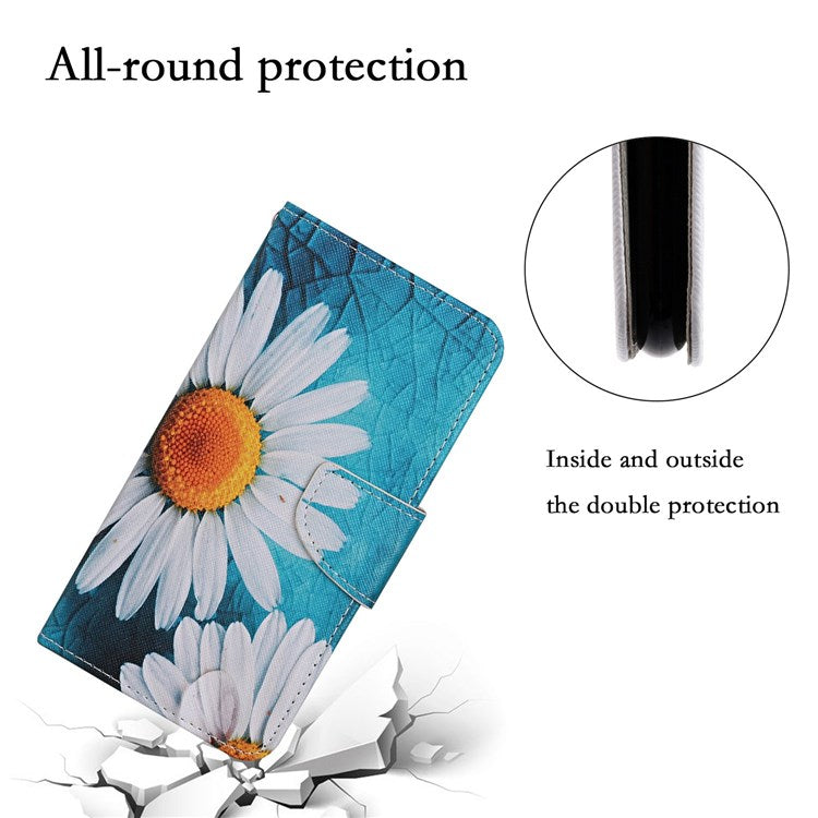 Pattern Printing Cross Texture Phone Case for Oppo A96 4G, PU Leather Wallet Stand Folio Flip Shell with Strap - Large Chrysanthemum