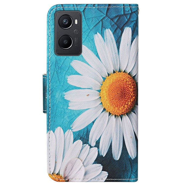 Pattern Printing Cross Texture Phone Case for Oppo A96 4G, PU Leather Wallet Stand Folio Flip Shell with Strap - Large Chrysanthemum