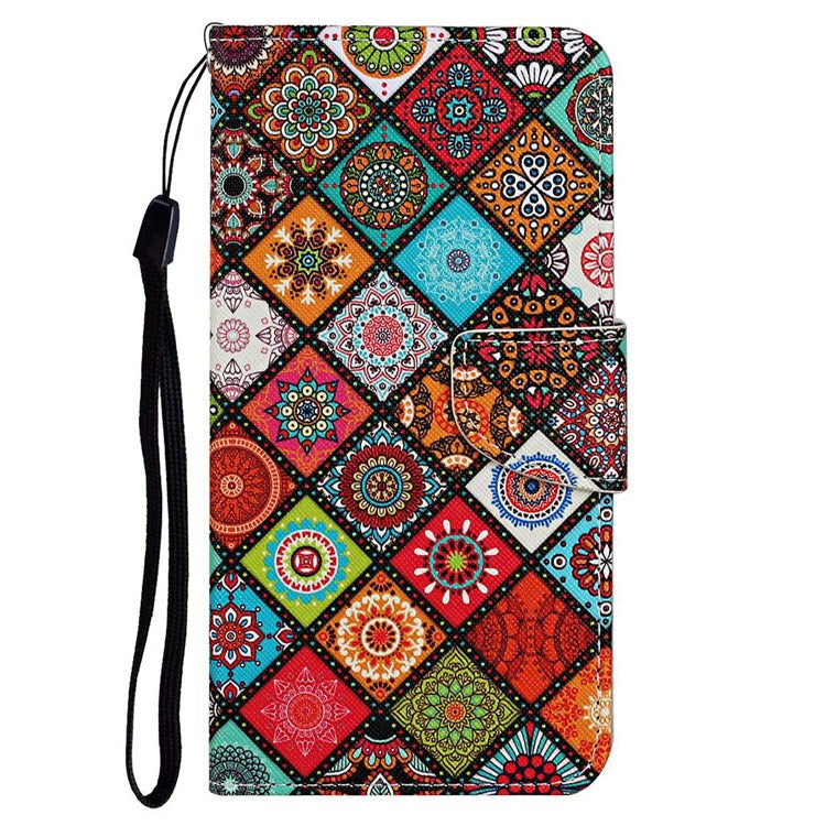 Pattern Printing Cross Texture Phone Case for Oppo A96 4G, PU Leather Wallet Stand Folio Flip Shell with Strap - Ethnic Style