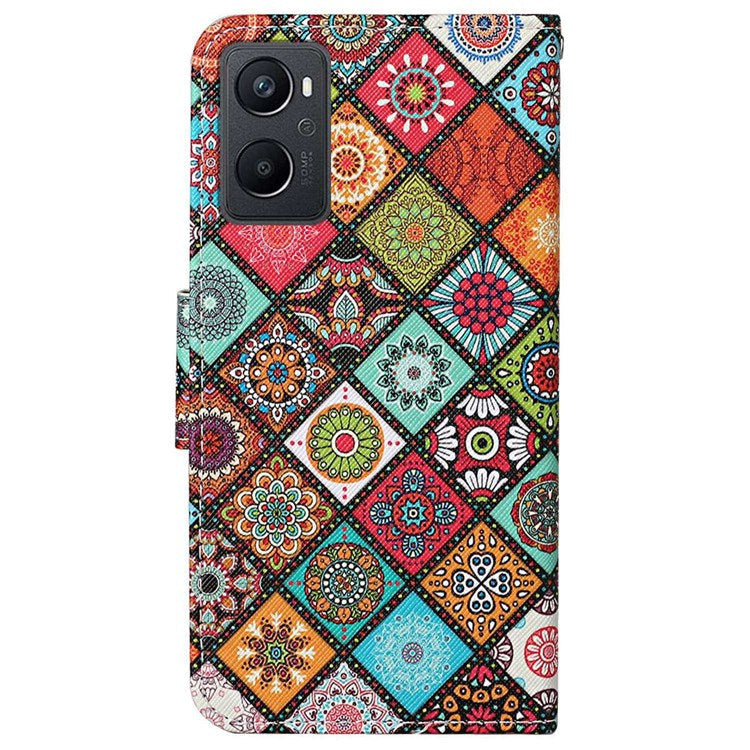 Pattern Printing Cross Texture Phone Case for Oppo A96 4G, PU Leather Wallet Stand Folio Flip Shell with Strap - Ethnic Style