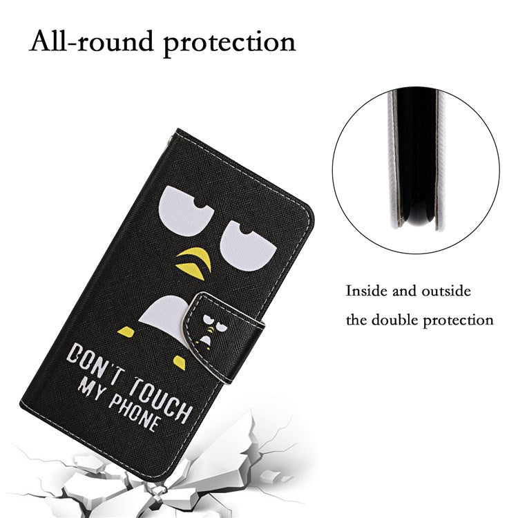 Pattern Printing Cross Texture Phone Case for Oppo A96 4G, PU Leather Wallet Stand Folio Flip Shell with Strap - Penguin