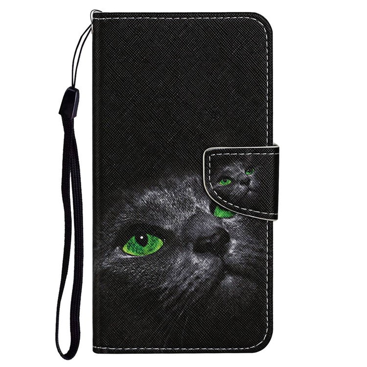 Pattern Printing Cross Texture Phone Case for Oppo A96 4G, PU Leather Wallet Stand Folio Flip Shell with Strap - Cat