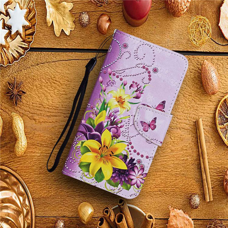 Pattern Printing Cross Texture Phone Case for Oppo A96 4G, PU Leather Wallet Stand Folio Flip Shell with Strap - Yellow Flowers / Butterflies