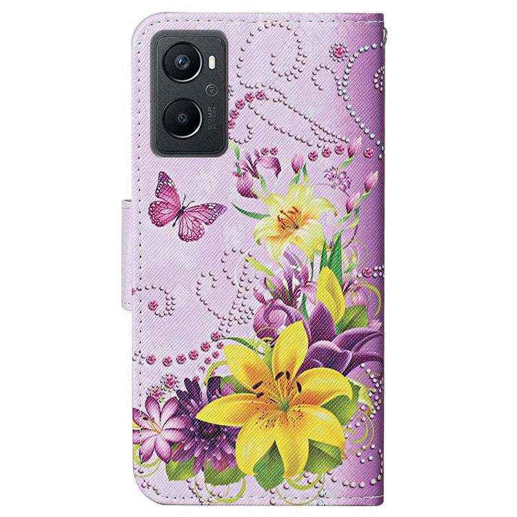 Pattern Printing Cross Texture Phone Case for Oppo A96 4G, PU Leather Wallet Stand Folio Flip Shell with Strap - Yellow Flowers / Butterflies