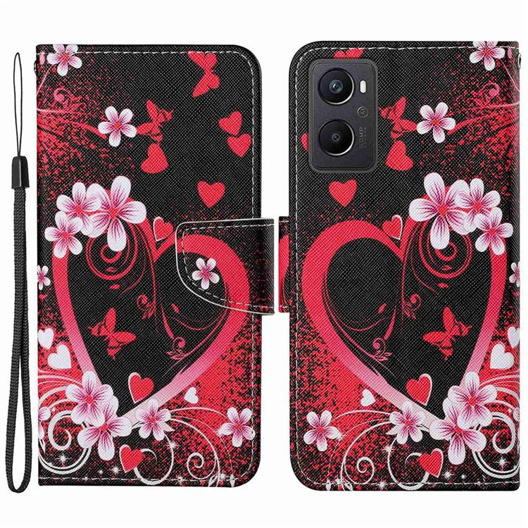 Pattern Printing Cross Texture Phone Case for Oppo A96 4G, PU Leather Wallet Stand Folio Flip Shell with Strap - Red Heart