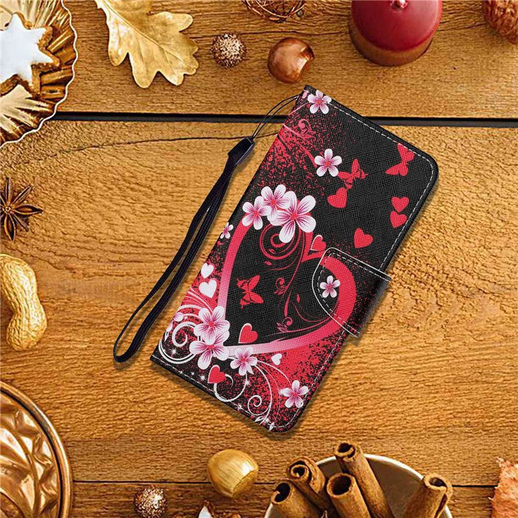 Pattern Printing Cross Texture Phone Case for Oppo A96 4G, PU Leather Wallet Stand Folio Flip Shell with Strap - Red Heart