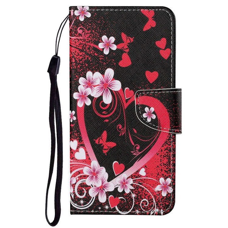 Pattern Printing Cross Texture Phone Case for Oppo A96 4G, PU Leather Wallet Stand Folio Flip Shell with Strap - Red Heart