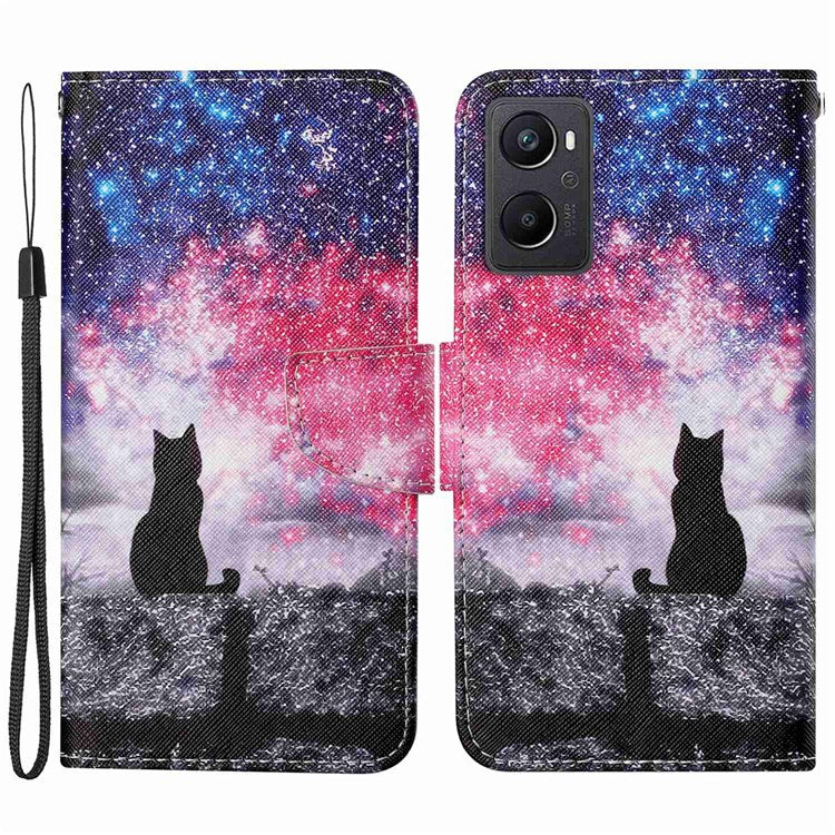 Pattern Printing Cross Texture Phone Case for Oppo A96 4G, PU Leather Wallet Stand Folio Flip Shell with Strap - Starry Sky / Cat