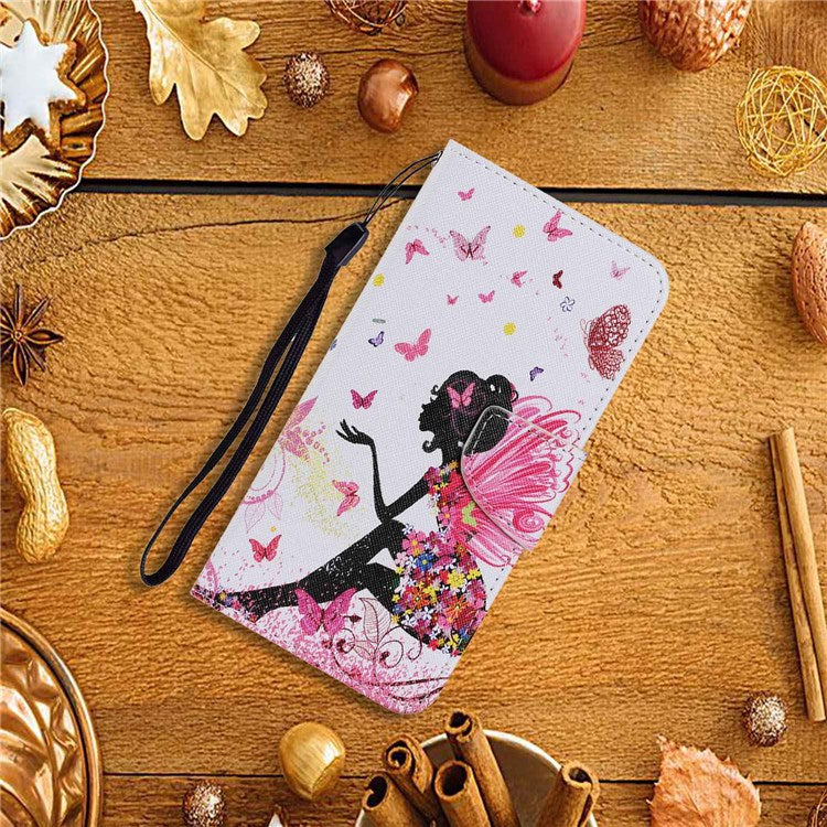 Pattern Printing Cross Texture Phone Case for Oppo A96 4G, PU Leather Wallet Stand Folio Flip Shell with Strap - Fairy