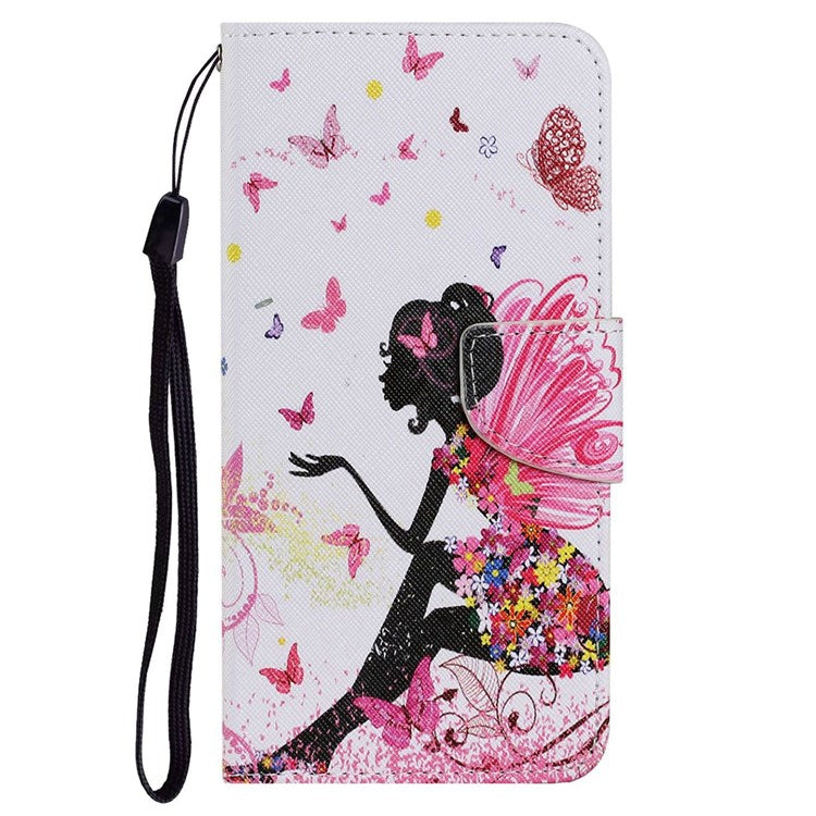 Pattern Printing Cross Texture Phone Case for Oppo A96 4G, PU Leather Wallet Stand Folio Flip Shell with Strap - Fairy