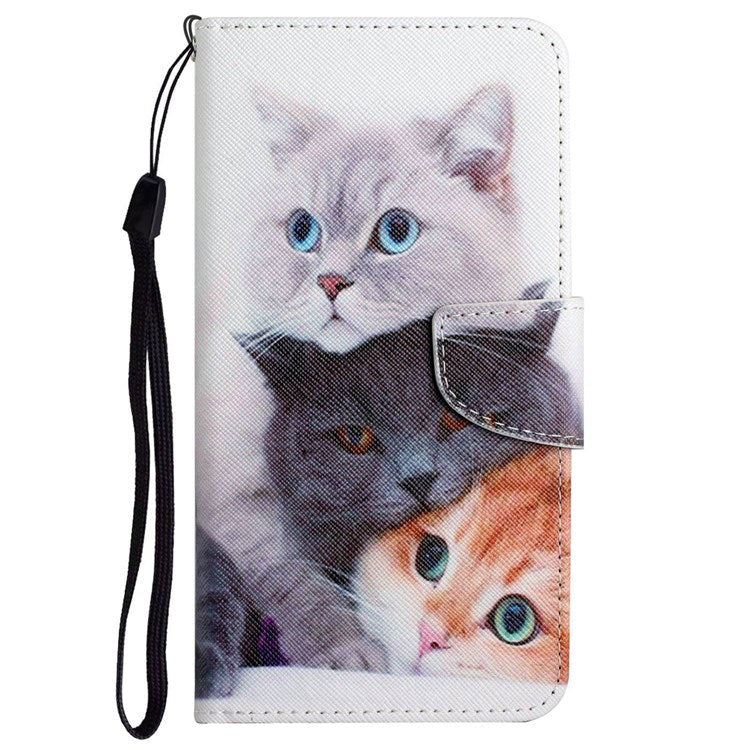 Pattern Printing Cross Texture Phone Case for Oppo A96 4G, PU Leather Wallet Stand Folio Flip Shell with Strap - Three Cats