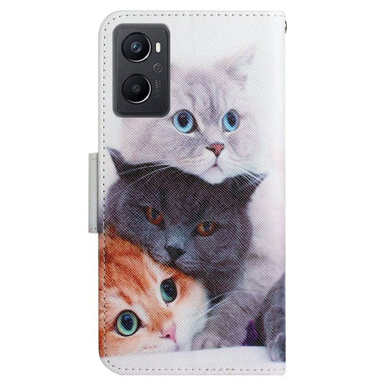 Pattern Printing Cross Texture Phone Case for Oppo A96 4G, PU Leather Wallet Stand Folio Flip Shell with Strap - Three Cats