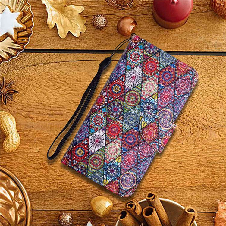 Pattern Printing Cross Texture Phone Case for Oppo A96 4G, PU Leather Wallet Stand Folio Flip Shell with Strap - Kaleidoscope