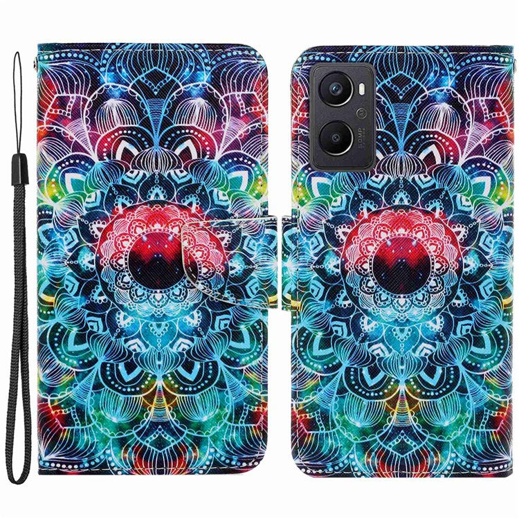 Pattern Printing Cross Texture Phone Case for Oppo A96 4G, PU Leather Wallet Stand Folio Flip Shell with Strap - Mandala