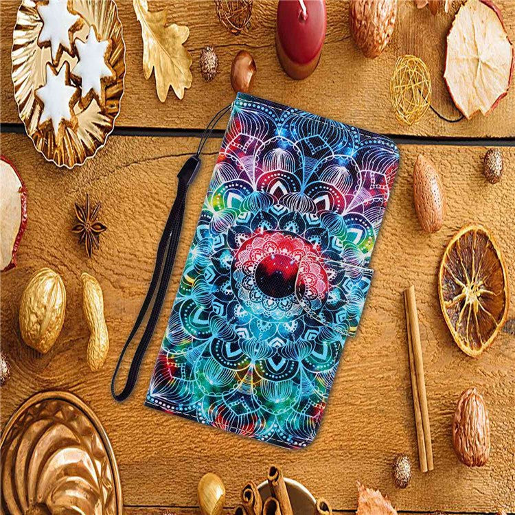 Pattern Printing Cross Texture Phone Case for Oppo A96 4G, PU Leather Wallet Stand Folio Flip Shell with Strap - Mandala