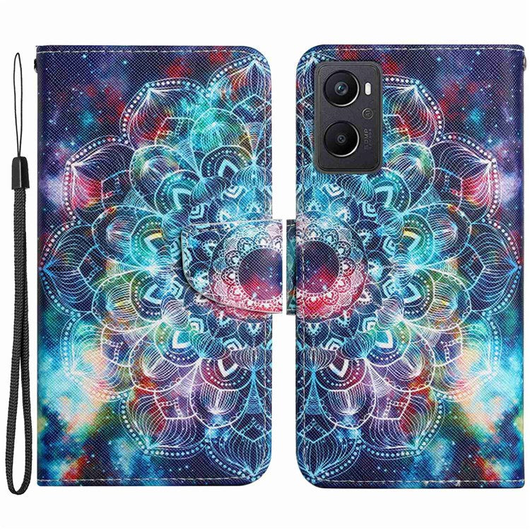 Pattern Printing Cross Texture Phone Case for Oppo A96 4G, PU Leather Wallet Stand Folio Flip Shell with Strap - Starry Sky / Mandala