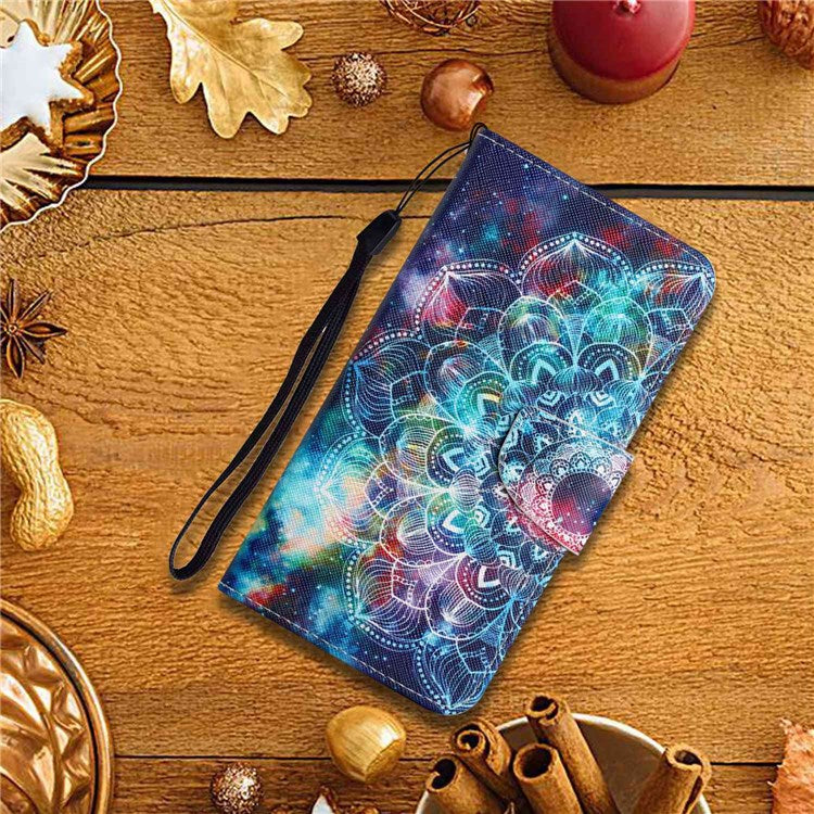 Pattern Printing Cross Texture Phone Case for Oppo A96 4G, PU Leather Wallet Stand Folio Flip Shell with Strap - Starry Sky / Mandala