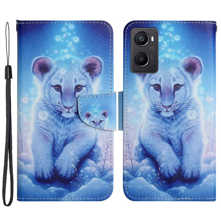 Pattern Printing Cross Texture Phone Case for Oppo A96 4G, PU Leather Wallet Stand Folio Flip Shell with Strap - Leopard