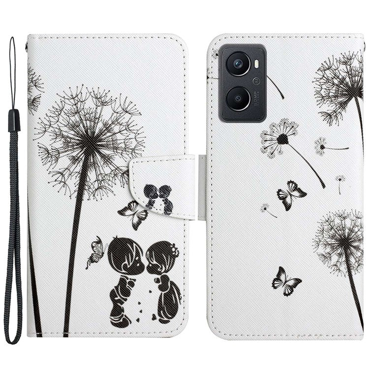 Pattern Printing Cross Texture Phone Case for Oppo A96 4G, PU Leather Wallet Stand Folio Flip Shell with Strap - Dandelion